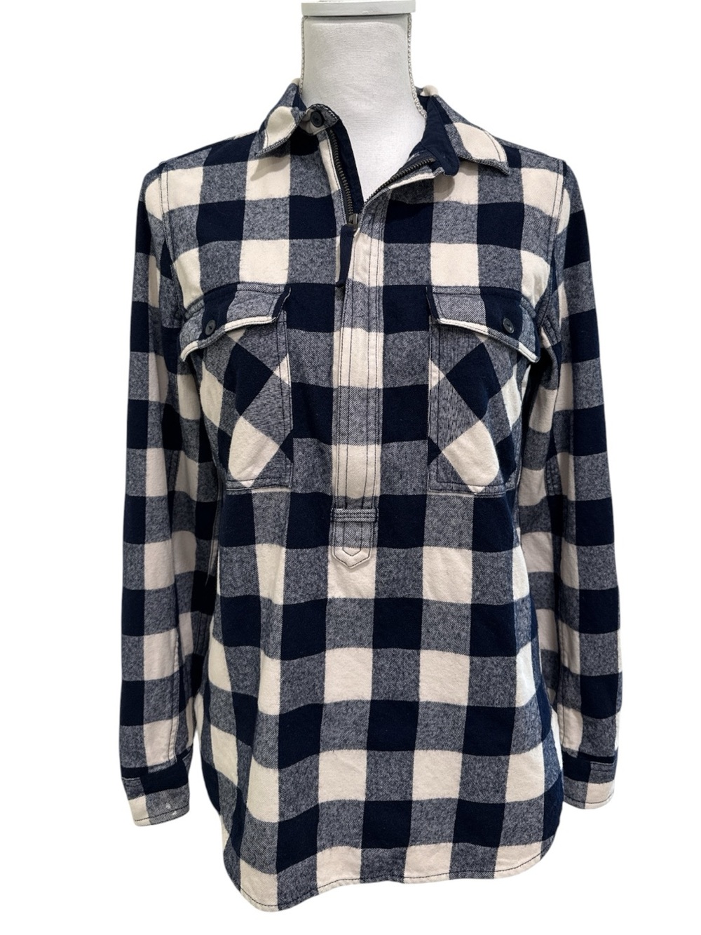 J. Crew Navy and Ivory Buffalo Check Half Zip Flannel-Shirt Jacket XS
